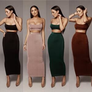 JLuxLabel Burgundy Alora Skirt Set – Scoop Neck Crop Top & Maxi Skirt | Size M
